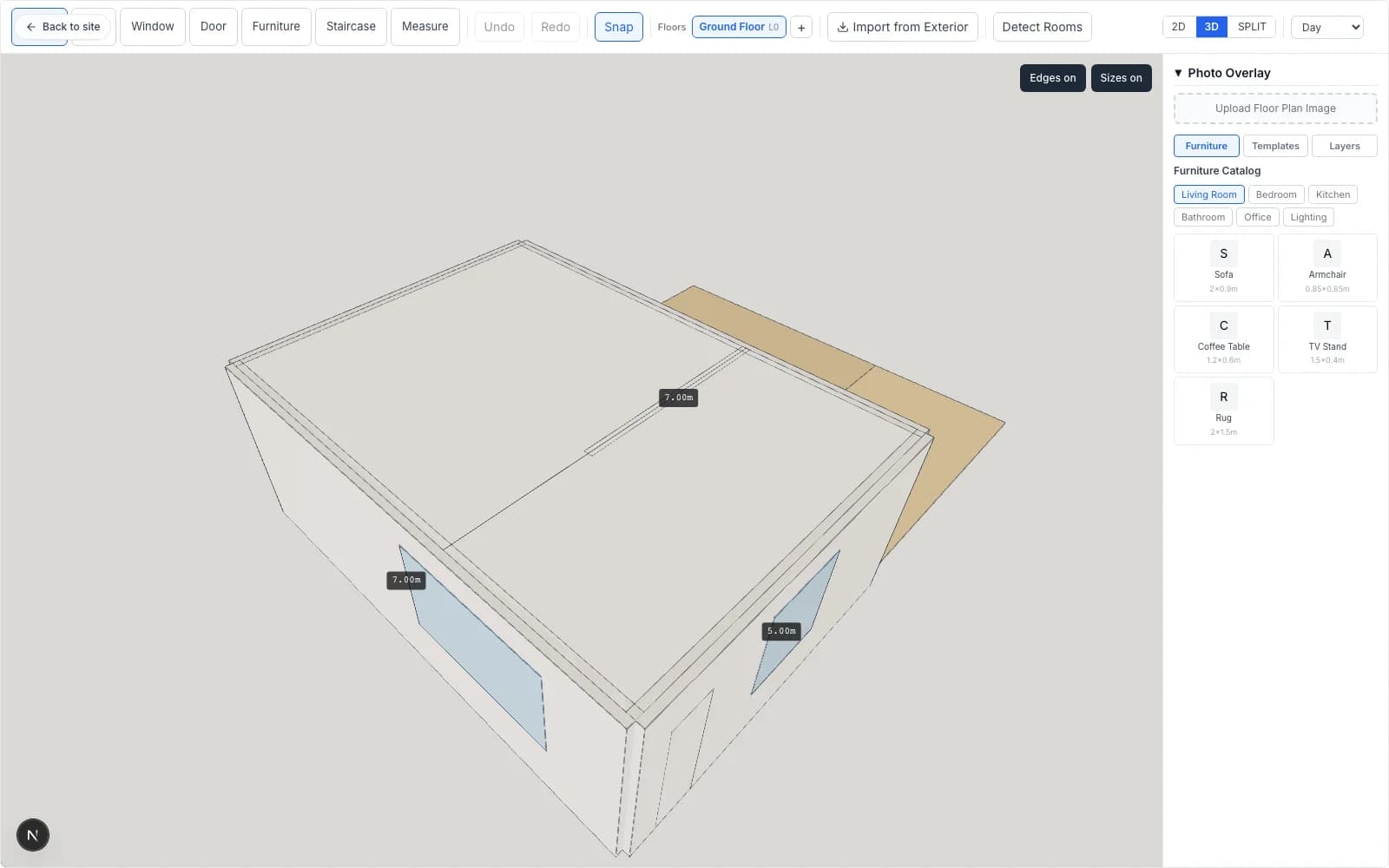 Isometric 3D view of the same floor plan rendered by RoomCraft.