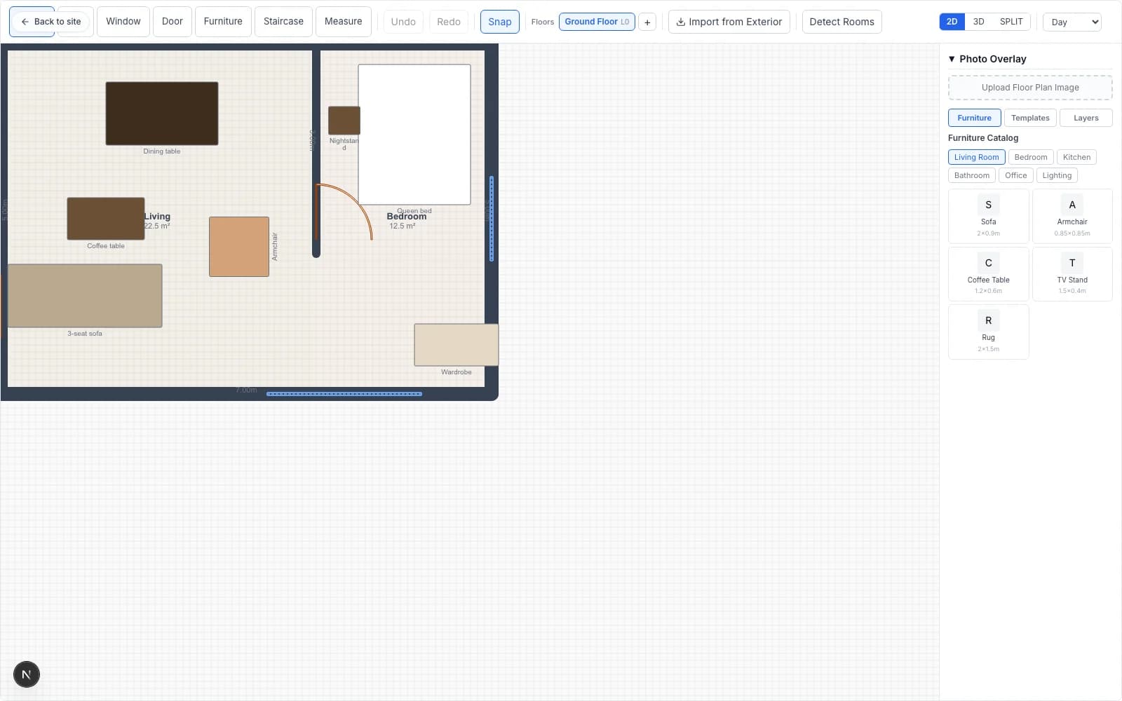 RoomCraft 2D floor plan editor showing a furnished two-room layout.