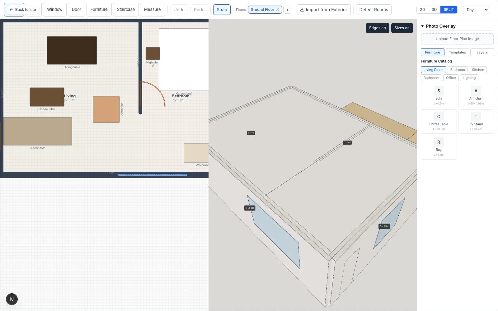 RoomCraft split view: 2D floor plan on the left with a furnished two-room layout, live 3D visualisation of the same space on the right.