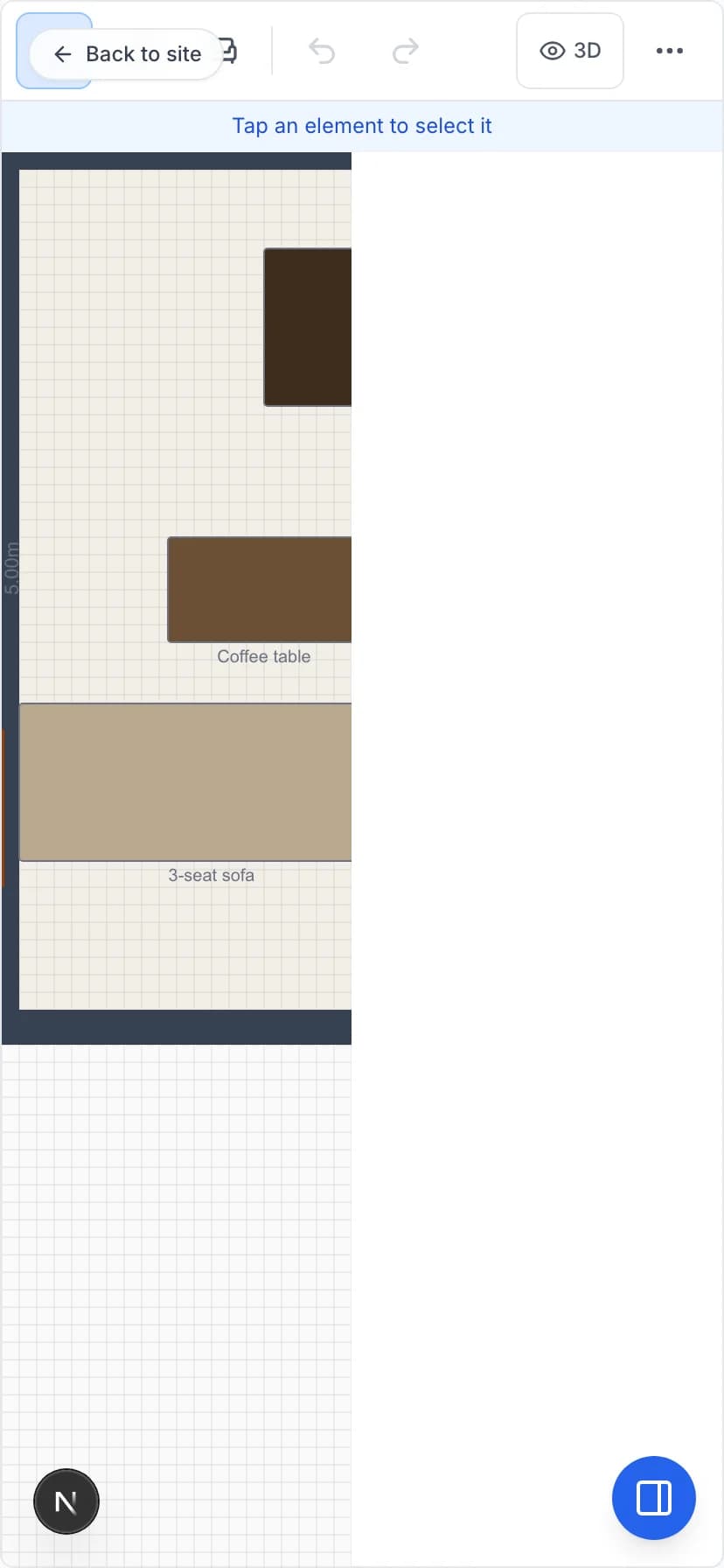 RoomCraft running on a mobile phone — 2D floor plan with a compact touch-friendly toolbar.